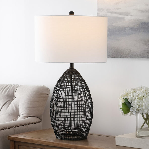 Edren Table Lamp - Bold Industrial Black Birdcage Design with White Drum Shade for Chic Interiors