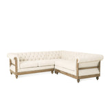 Voll Chesterfield Tufted Fabric 5 Seater Sectional Sofa with Nailhead Trim, Beige and Dark Brown Noble House