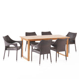 Noble House Aggie Outdoor Acacia Wood and Wicker 7 Piece Dining Set, Teak and Multibrown