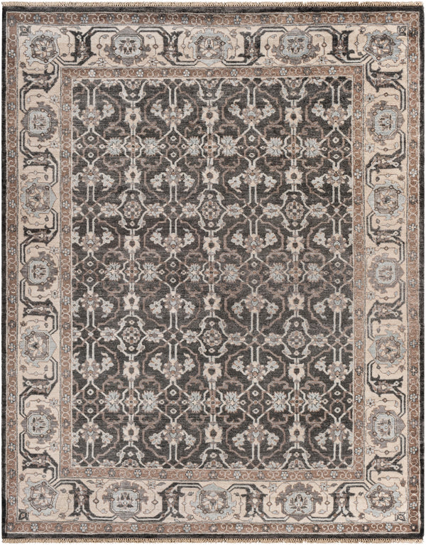 Theodora THO-3000 Traditional Viscose Rug THO3000-810 Black, Medium Gray, Pale Blue, Khaki, Camel 100% Viscose 8' x 10'