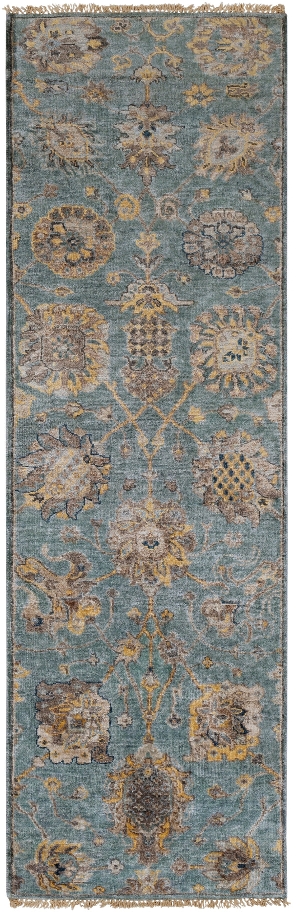 Theodora THO-3006 Traditional Viscose Rug THO3006-268 Aqua, Taupe, Butter, Charcoal, Ivory, Teal 100% Viscose 2'6" x 8'