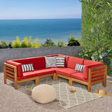 Noble House Oana Outdoor V-Shaped Sectional Sofa Set - 5-Seater - Acacia Wood - Outdoor Cushions - Teak and Red