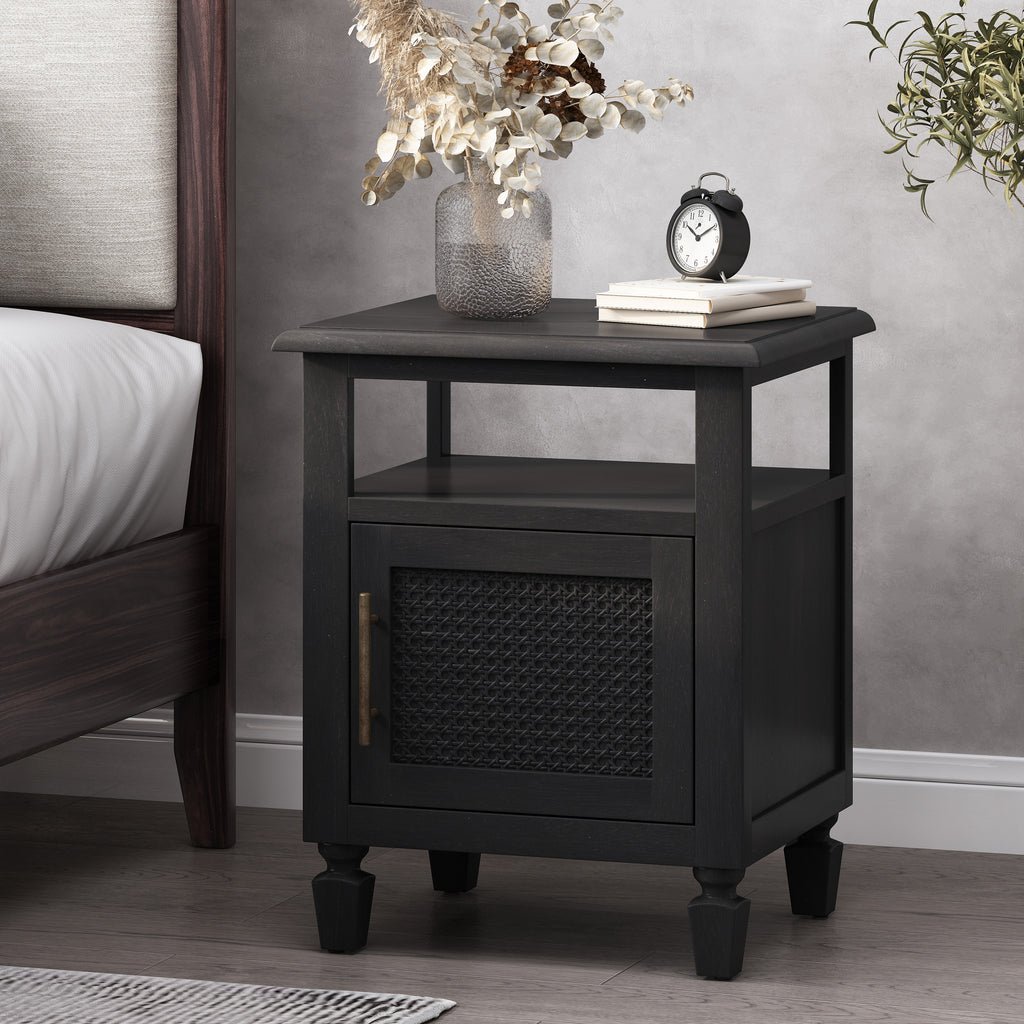 Tengren Rustic Acacia Wood and Cane Nightstand, Dark Gray Noble House