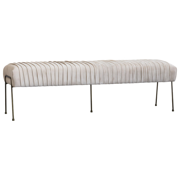 Merritt Velvet Pleated Bench in Dulce Sand - Luxurious Design with Deep Bronze Legs, Fully Assembled