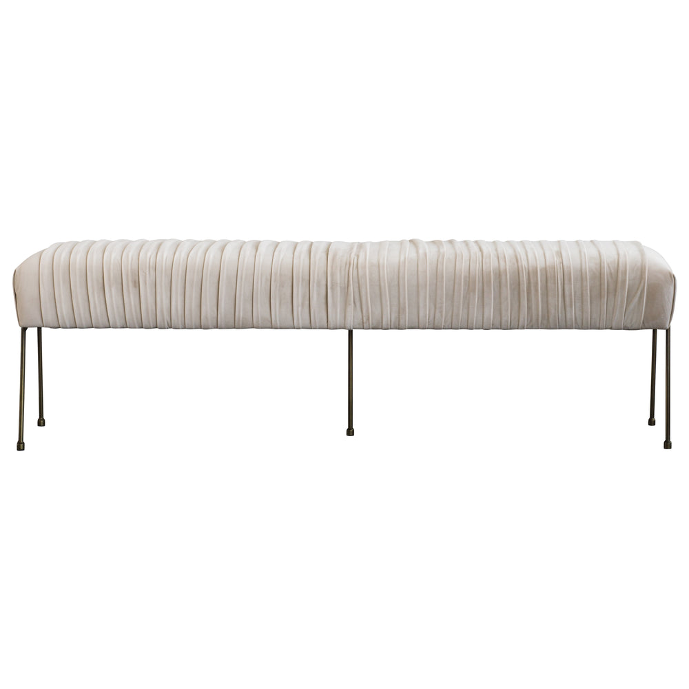 Merritt Velvet Pleated Bench in Dulce Sand - Luxurious Design with Deep Bronze Legs, Fully Assembled