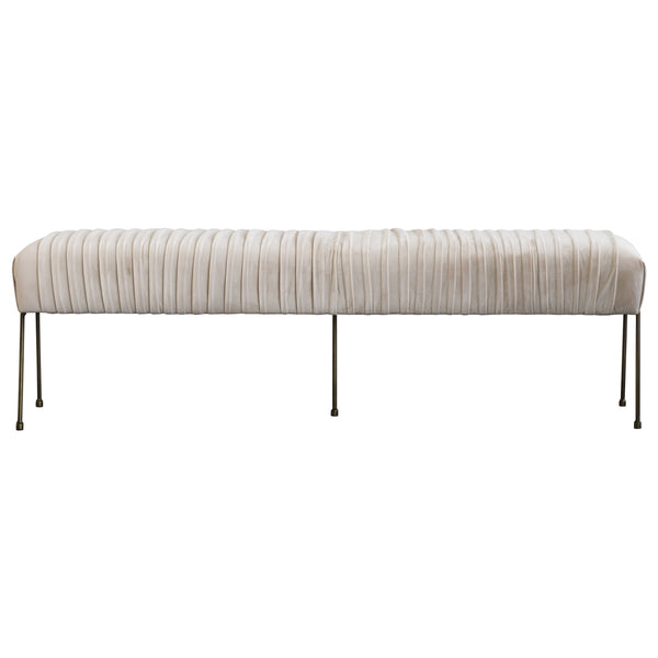 Merritt Velvet Pleated Bench in Dulce Sand - Luxurious Design with Deep Bronze Legs, Fully Assembled