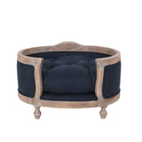 Gilmanton Contemporary Upholstered Medium Pet Bed with Wood Frame, Navy Blue and Antique Natural  Noble House