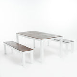 Bali Outdoor Contemporary 3 Piece Acacia Wood Picnic Dining Set with Benches, Dark Brown and White Noble House