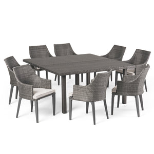 Arnell Outdoor 9 Piece Grey Wicker Square Dining Set with Light Grey Water Resistant Cushions Noble House