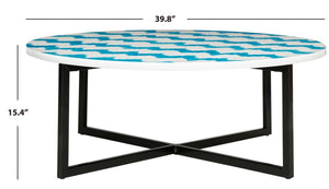 Cheyenne Coffee Table - Striking Blue and White Chevron Design with Sleek Lacquer Finish & Metal Frame