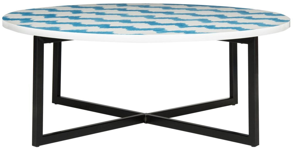 Cheyenne Coffee Table - Striking Blue and White Chevron Design with Sleek Lacquer Finish & Metal Frame