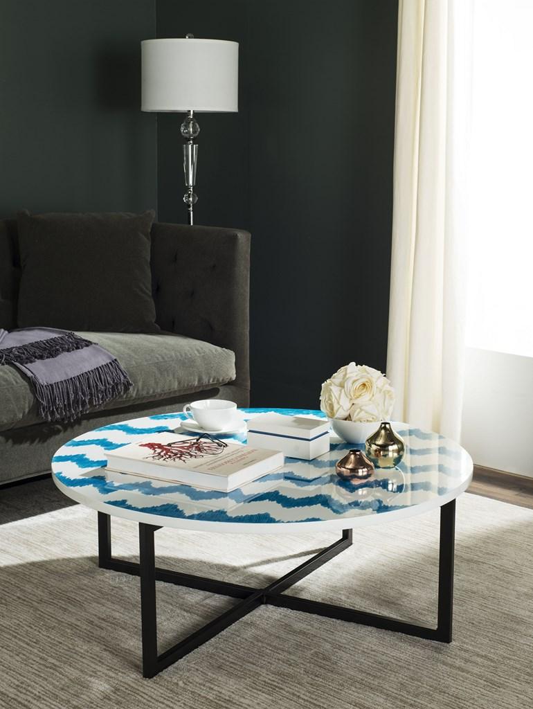 Cheyenne Coffee Table - Striking Blue and White Chevron Design with Sleek Lacquer Finish & Metal Frame