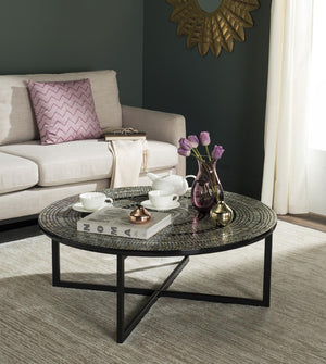 Cheyenne Coffee Table - Striking Blue and White Chevron Design with Sleek Lacquer Finish & Metal Frame