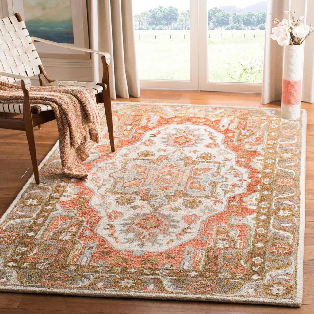 Trace 523 Traditional Hand Tufted 100% Wool Pile Rug Ivory / Red
