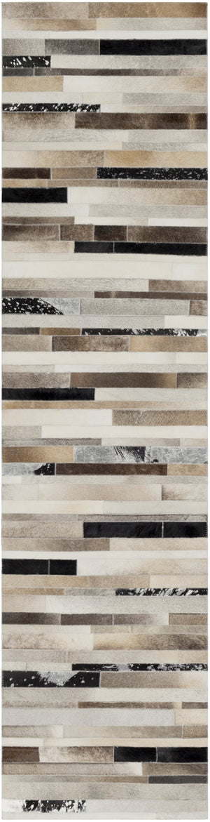 Trail TRL-1120 Modern Hair On Hide Rug TRL1120-28 Black, Dark Brown, Metallic - Silver, Ivory 100% Hair On Hide 2' x 8'