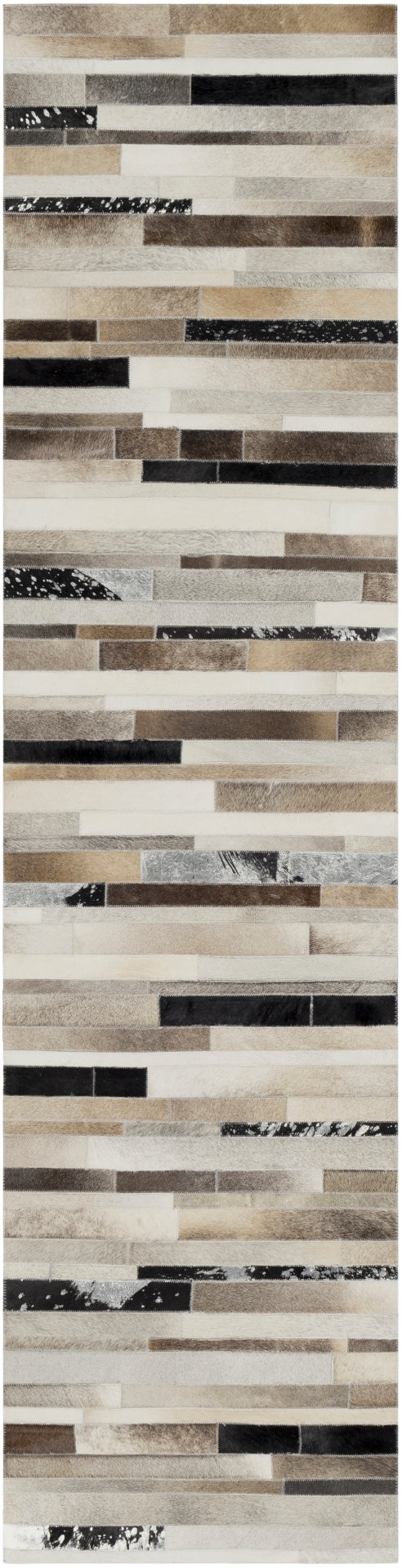 Trail TRL-1120 Modern Hair On Hide Rug TRL1120-28 Black, Dark Brown, Metallic - Silver, Ivory 100% Hair On Hide 2' x 8'