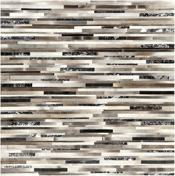 Trail TRL-1120 Modern Hair On Hide Rug TRL1120-8SQ Black, Dark Brown, Metallic - Silver, Ivory 100% Hair On Hide 8' Square