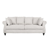 Manbow Contemporary Fabric Pillowback 3 Seater Sofa with Nailhead Trim, Beige and Dark Brown Noble House