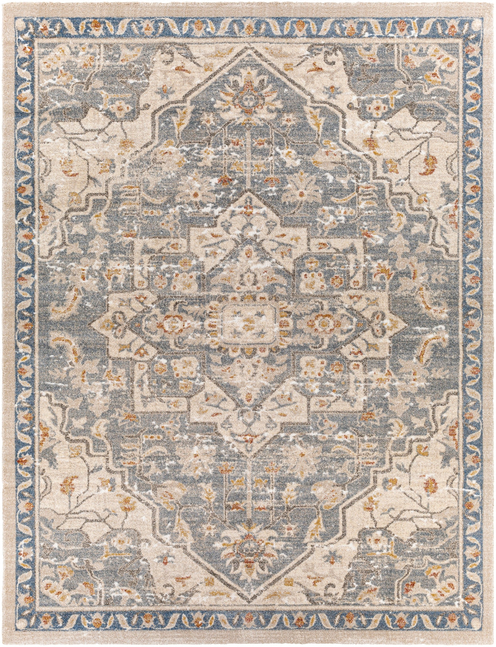 Tuscany TUS-2309 Traditional Polypropylene, Polyester Rug TUS2309-9121 Denim, Metallic - Champagne, Dark Brown, White, Butter, Aqua, Bright Blue 91% Polypropylene, 9% Polyester 8'10" x 12'1"