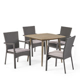 Marias Outdoor 5 Piece Wood and Wicker Dining Set, Gray and Gray Noble House