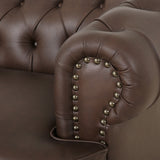 Litch Chesterfield Leather Tufted 3 Seater Sofa with Nailhead Trim, Dark Brown and Brown Noble House