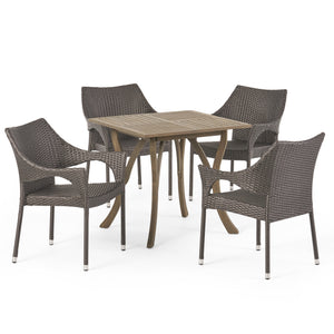 Carroll Outdoor 5 Piece Wood and Wicker Square Dining Set, Gray and Gray Noble House