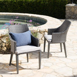 Hillhurst Outdoor Grey Wicker Dining Chairs with Light Grey Water Resistant Cushions Noble House