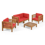 Noble House Oana Outdoor 4 Seater Acacia Wood Loveseat Chat Set, Teak Finish and Red 
