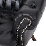 Mooney Chesterfield Leather Tufted Loveseat with Nailhead Trim, Midnight Black and Espresso Noble House