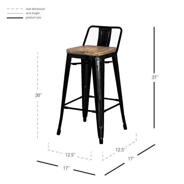 Metropolis Low-Back Bar Stool Set of 4 - Stylish Pine Wood, Sturdy Steel Frame for Modern Spaces