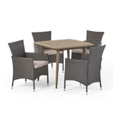 Coronados Outdoor 5 Piece Wood and Wicker Dining Set, Gray and Gray Noble House