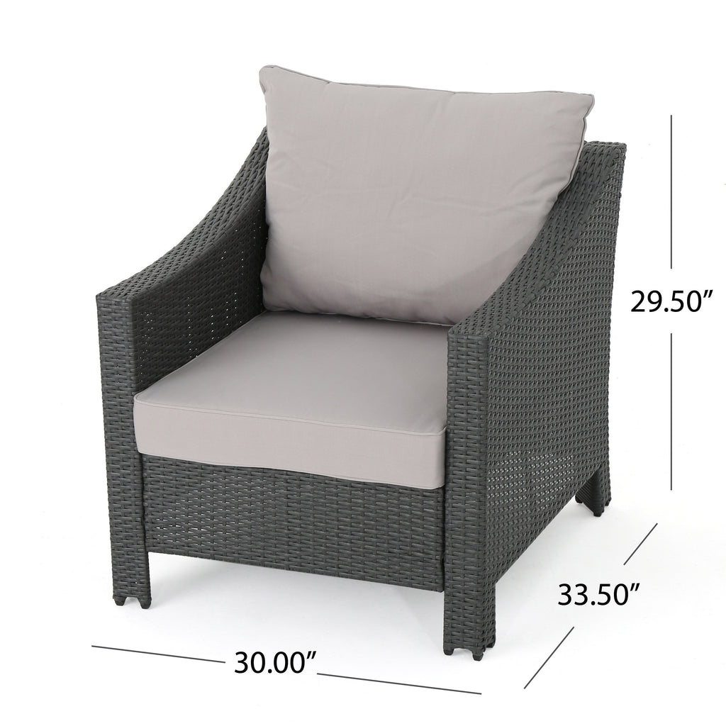 Antibes Outdoor Grey Wicker Club Chair with Silver Water Resistant Fabric Cushions Noble House