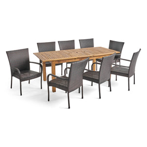 Noble House Hayes Outdoor 9 Piece Wood and Wicker Expandable Dining Set, Natural and Multi Brown