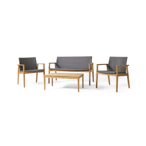 Noble House Bryan Outdoor Wicker and Acacia Wood 4 Seater Chat , Gray and Teak