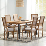 Noble House Chatau Farmhouse Fabric Upholstered Wood and Cane 7 Piece Dining Set, Natural, Rustic Metal, and Light Gray