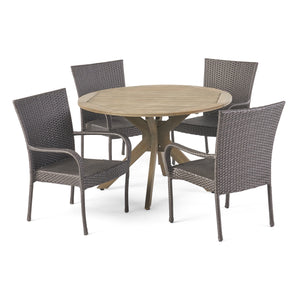 Avoca Outdoor 5 Piece Wood and Wicker Dining Set, Gray and Gray Noble House