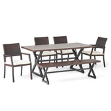 Sherman Oaks Outdoor 6 Piece Brown Aluminum Dining Set with Bench and Multibrown Wicker Dining Chairs with White Water Resistant Cushions Noble House