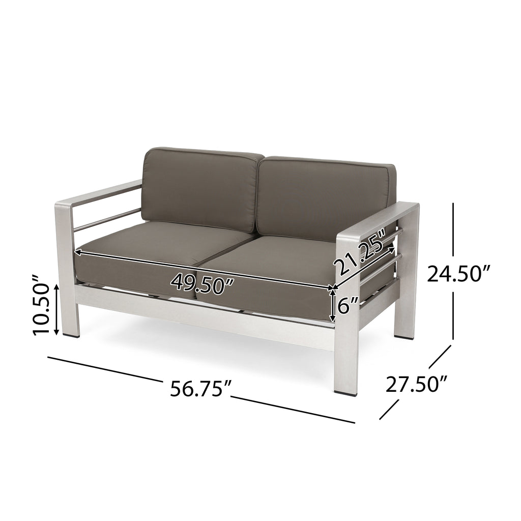Cape Coral Outdoor 4-Seater Aluminum Loveseat and Ottoman Set, Silver and Khaki Noble House