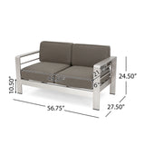Noble House Cape Coral Outdoor 4 Seater Aluminum Chat Set with 2 Side Table, Silver and Khaki