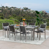 Cape Cora Outdoor 7 Piece Aluminum and Wicker Dining Set with Faux Wood Table Top, Gray Finish Noble House