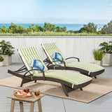 Salem Outdoor Multibrown Wicker Lounge with Arms with Green and White Stripe Water Resistant Cushion Noble House
