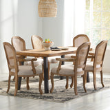 Noble House Egan Farmhouse Fabric Upholstered Wood and Cane 7 Piece Dining Set, Natural, Rustic Metal, and Beige
