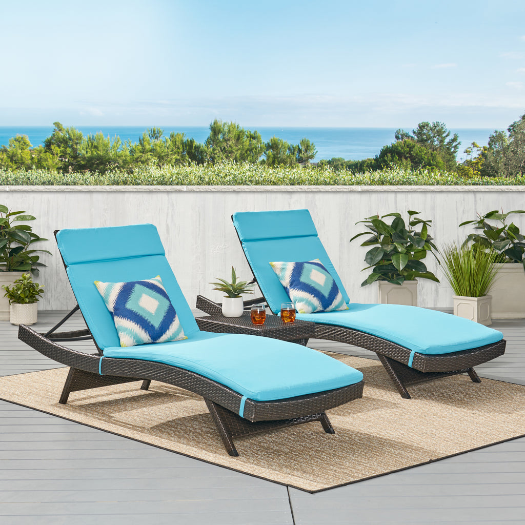 Noble House Salem 3 Piece Outdoor Grey Wicker Lounge with Bright Blue Water Resistant Cushions and Coffee Table