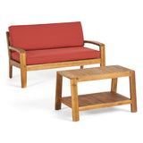 Grenada Loveseat and Coffee Table Set for Patio, Acacia Wood, Teak Finish with Red Outdoor Cushions Noble House