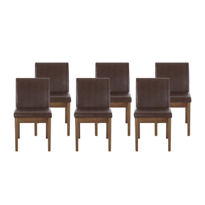 Kwame Mid Century Modern Upholstered Dining Chairs (Set of 6), Dark Brown Faux Leather and Walnut Noble House