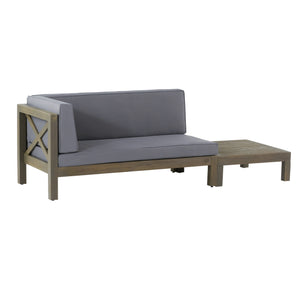 Brava Outdoor Acacia Wood Left Arm Loveseat and Coffee Table Set with Cushion, Gray and Dark Gray Noble House