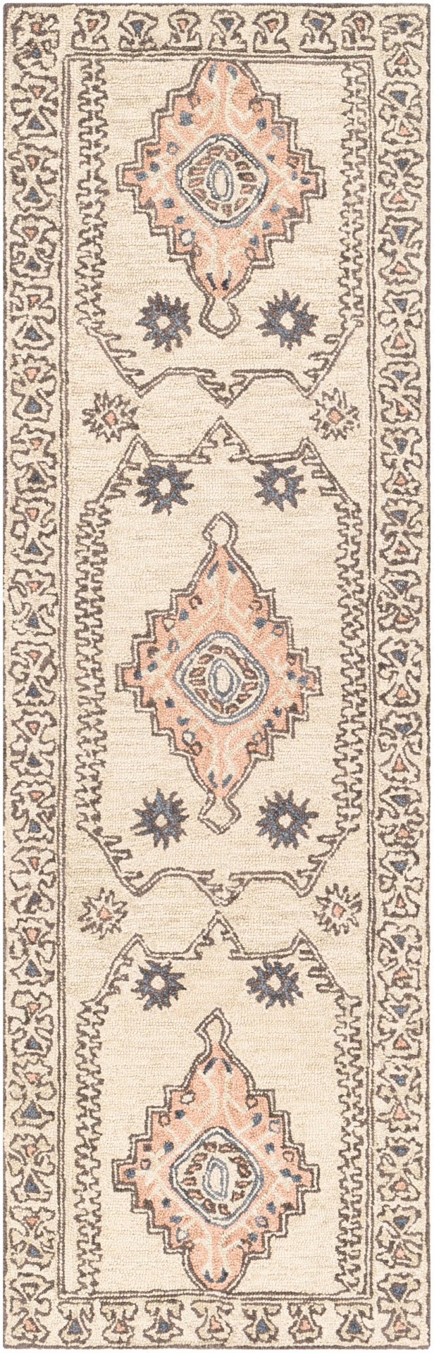 Urfa URF-2302 Traditional Wool Rug URF2302-81012 Peach, Camel, Cream, Light Gray, Dark Blue, Medium Gray, Charcoal 100% Wool 8'10" x 12'