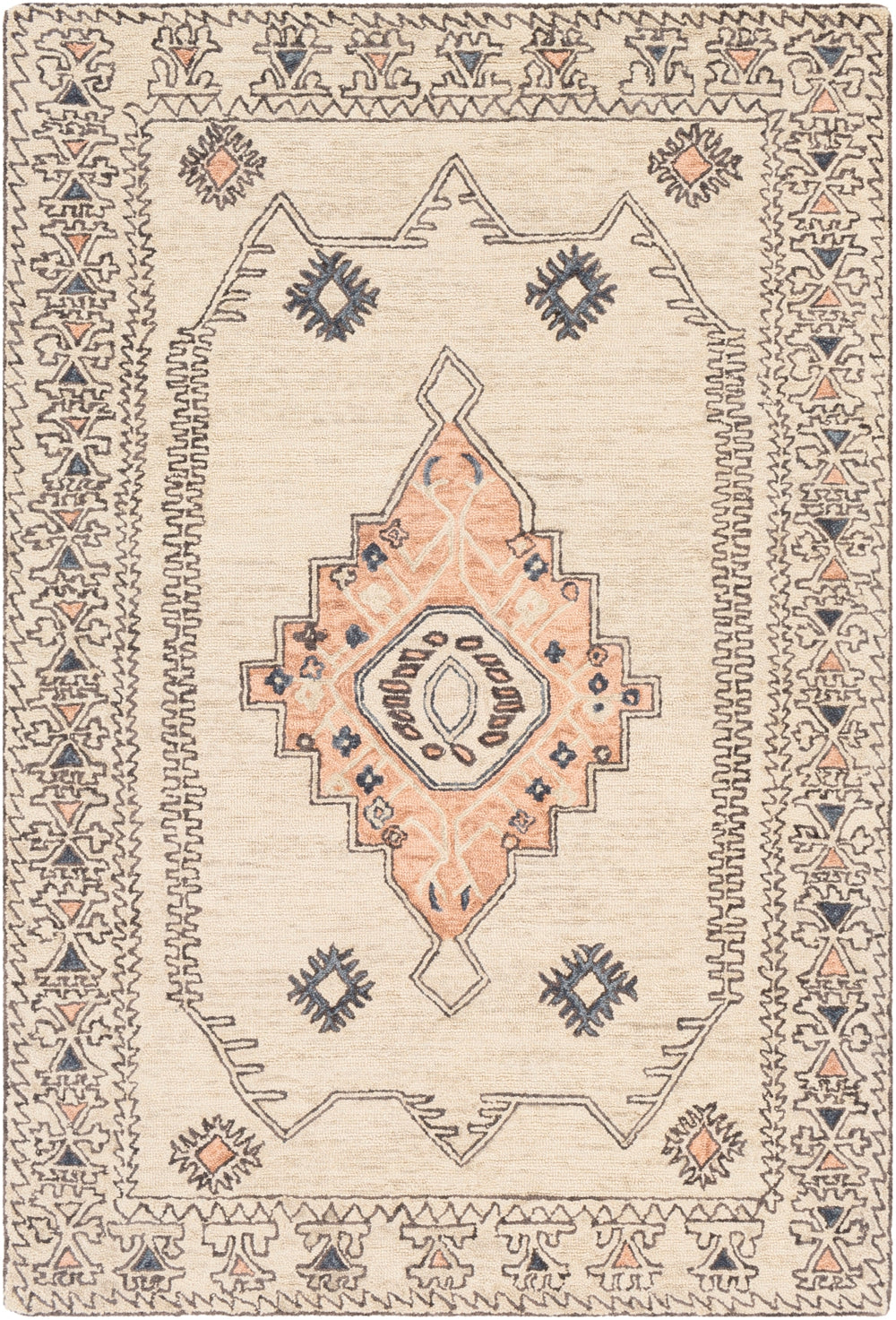 Urfa URF-2302 Traditional Wool Rug URF2302-81012 Peach, Camel, Cream, Light Gray, Dark Blue, Medium Gray, Charcoal 100% Wool 8'10" x 12'