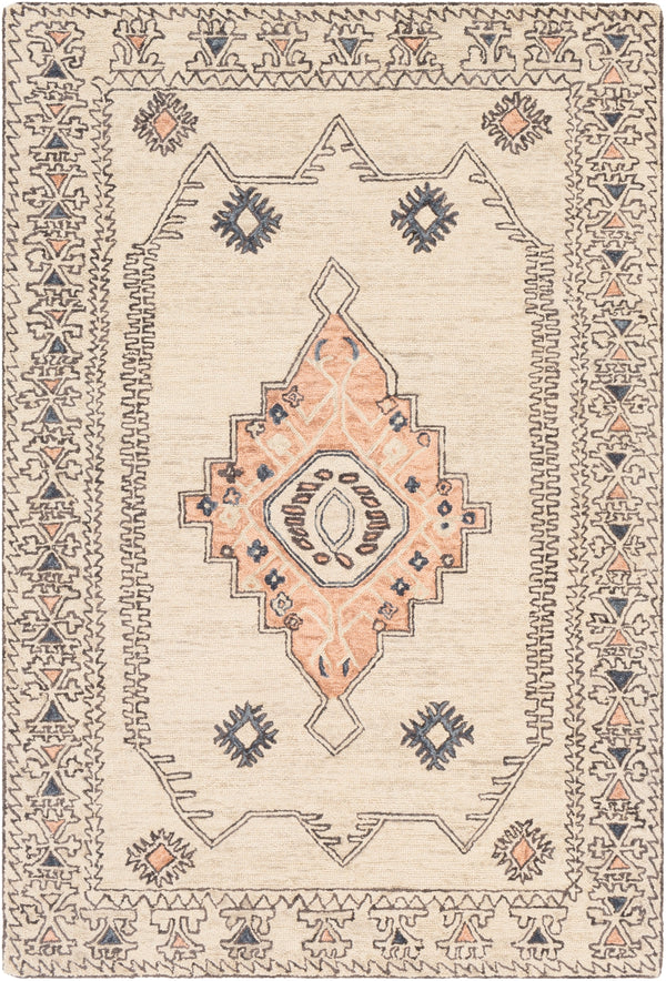Urfa URF-2302 Traditional Wool Rug URF2302-81012 Peach, Camel, Cream, Light Gray, Dark Blue, Medium Gray, Charcoal 100% Wool 8'10" x 12'