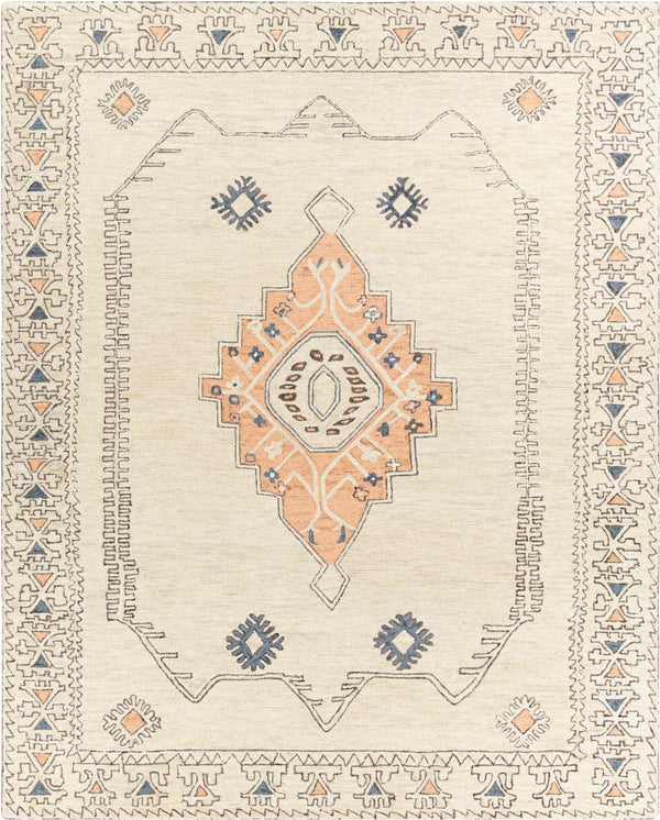 Urfa URF-2302 Traditional Wool Rug URF2302-810 Peach, Camel, Cream, Light Gray, Dark Blue, Medium Gray, Charcoal 100% Wool 8' x 10'